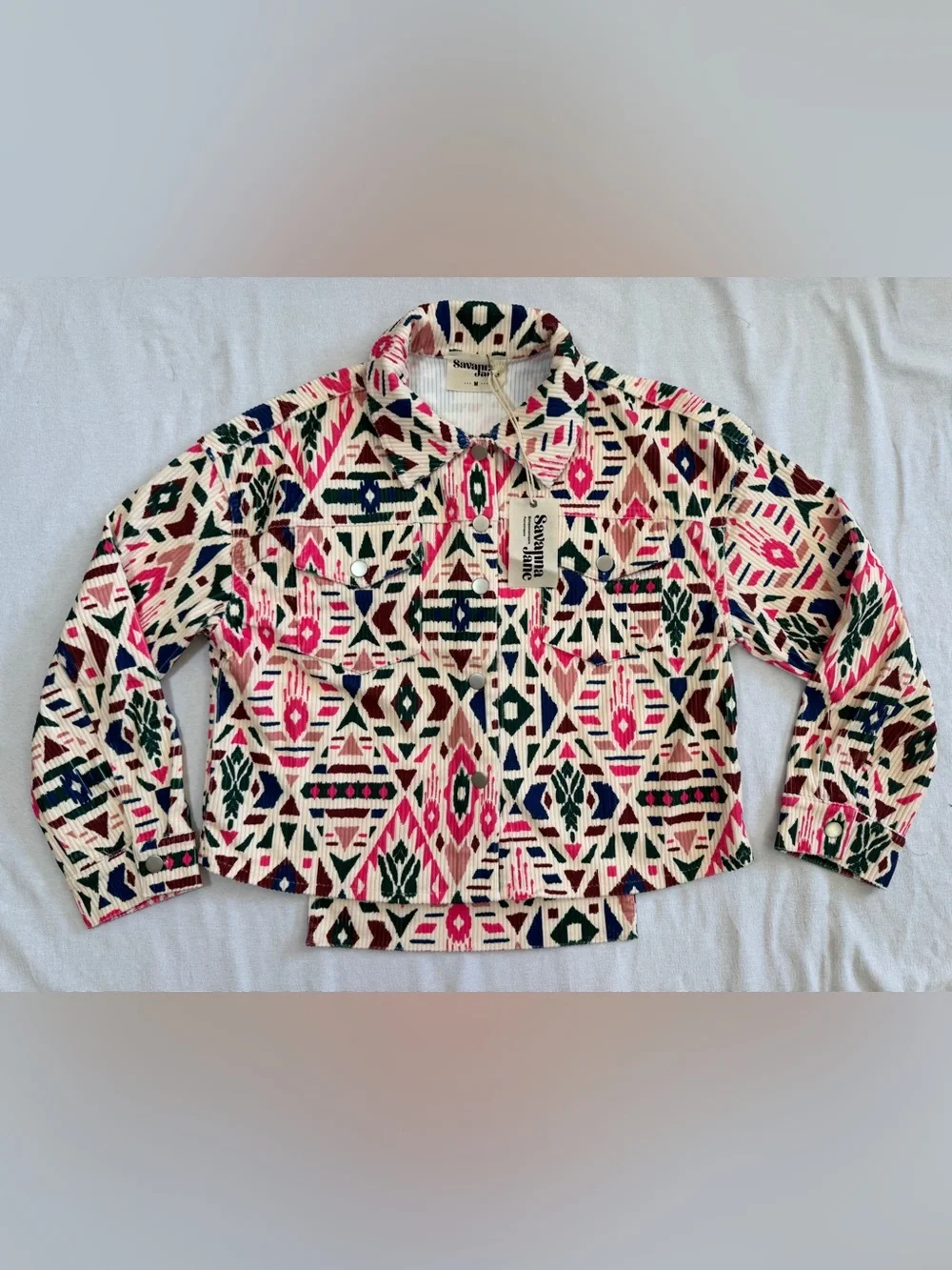Savanna Jane Women’s Medium Aztec Print Corduroy Jacket High Low Shacket NWT - Picture 2 of 7